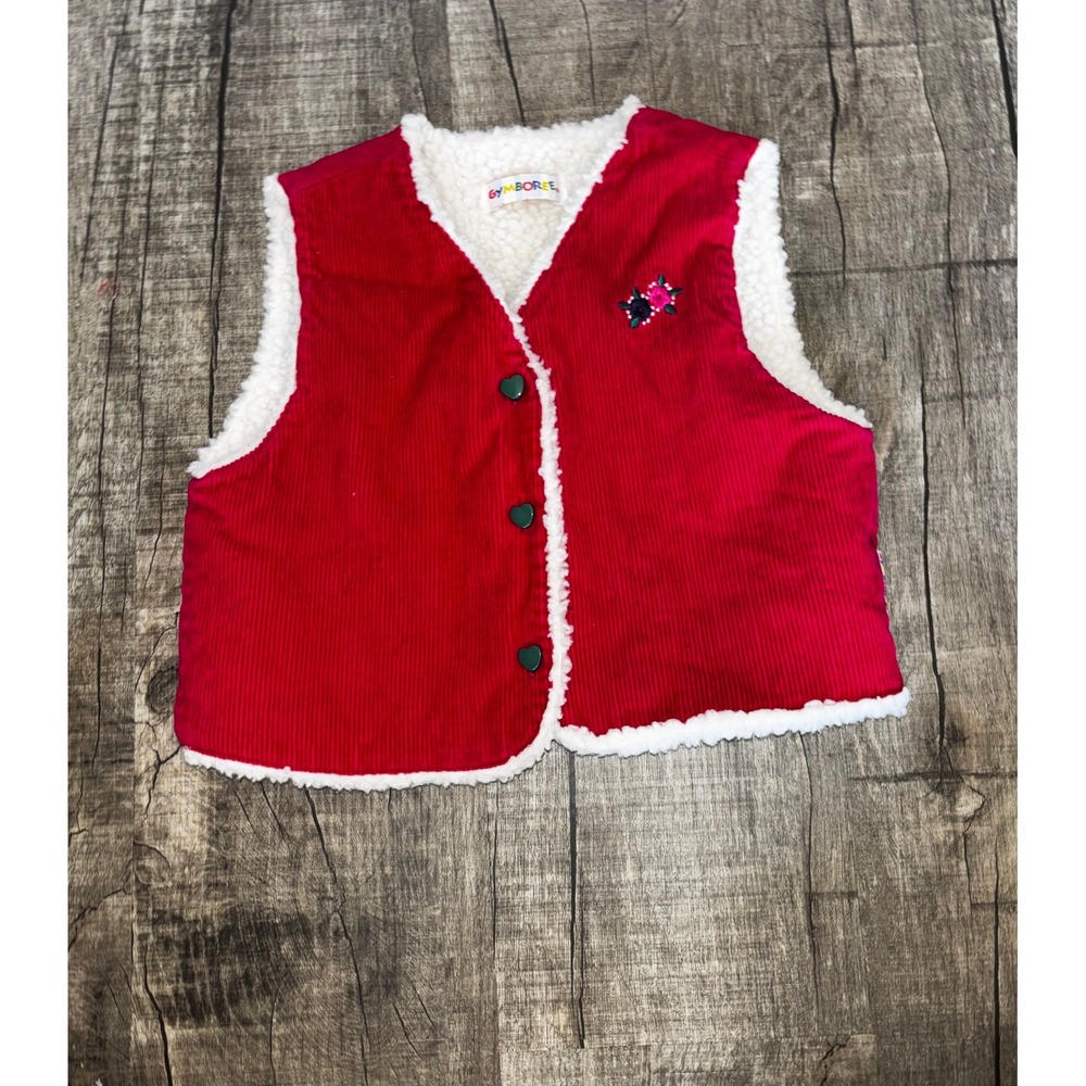 Vintage Gymboree Rainbow Tag Girls Red‎ Corduroy Sherpa Lined Vest Heart Buttons